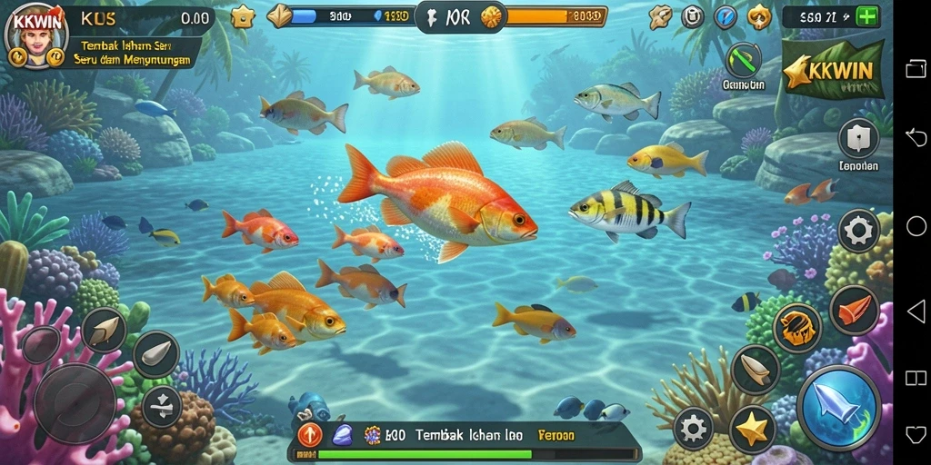 Tampilan gameplay seru dalam KKWIN saat menembak ikan.