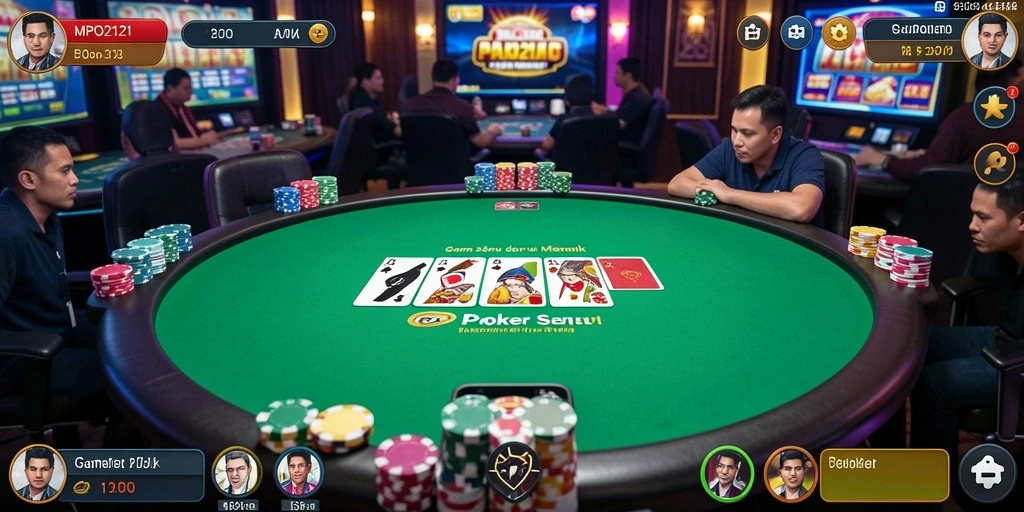 Tampilan gameplay seru di MPO2121 dengan pemain berkompetisi di meja Poker.