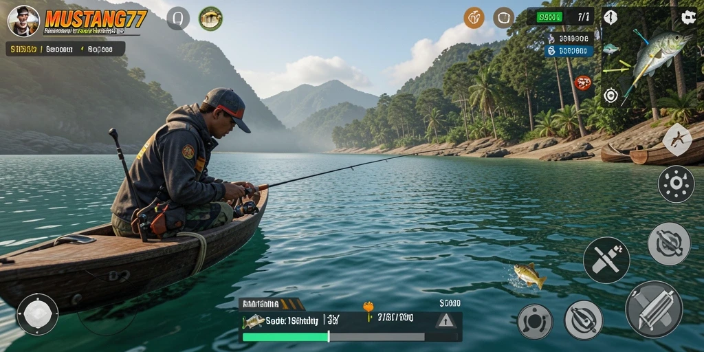 Screenshot gameplay MUSTANG77 yang menampilkan aksi memancing yang seru.