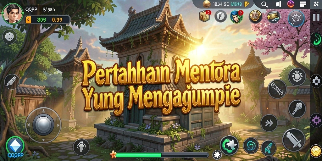 Tangkapan layar gameplay QQRP menampilkan menara pertahanan spektakuler.
