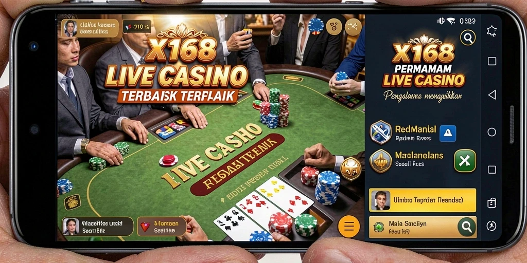Screenshot permainan X168 yang menunjukkan dealer langsung dan meja kasino.