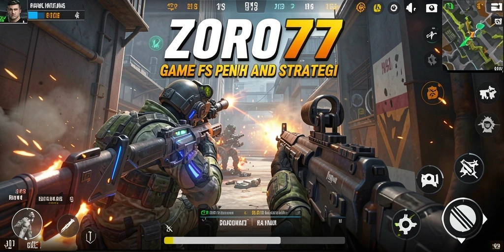 Menampilkan aksi seru dalam gameplay FPS ZORO77.